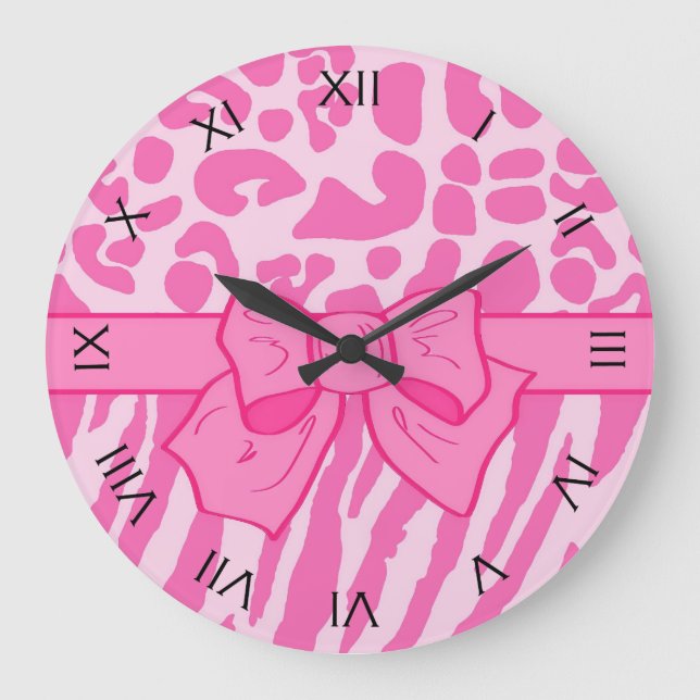 Cute Pink Zebra Leopard Animal Print and Girly Bow Large Clock (Front)