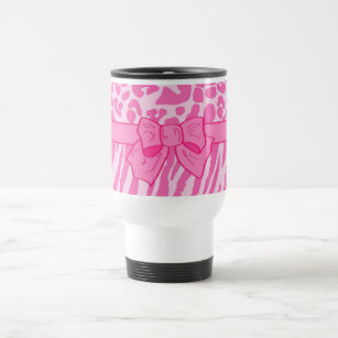 Cute Pink Zebra Leopard Animal Print and Girly Bow Travel Mug
