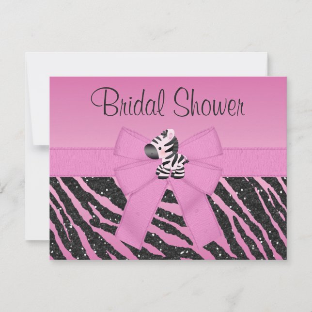 Cute Pink Zebra & Printed Bow Bridal Shower Invitation (Front)