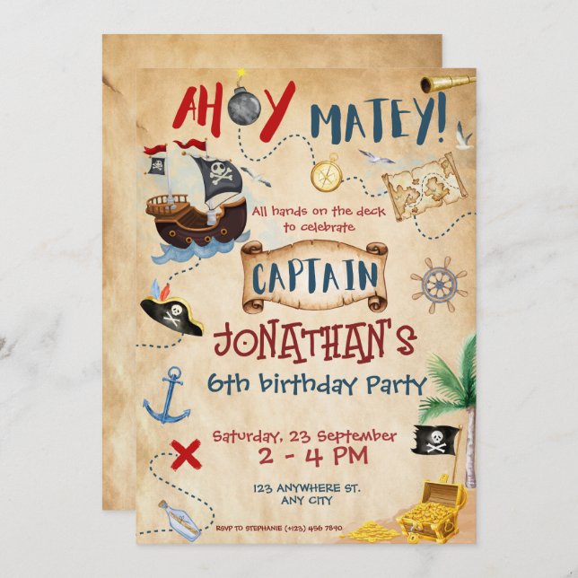 Cute Pirate Birthday Parchment watercolor Invitation (Front/Back)