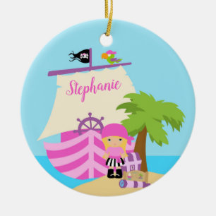 Cute Pirate Blonde Girl & A Big Ship Custom Name Ceramic Ornament