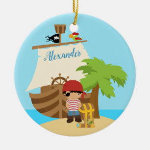 Cute Pirate Boy & A Big Ship Custom Name Ceramic Ornament