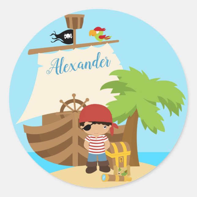 Cute Pirate Boy & A Big Ship Custom Name Classic Round Sticker (Front)