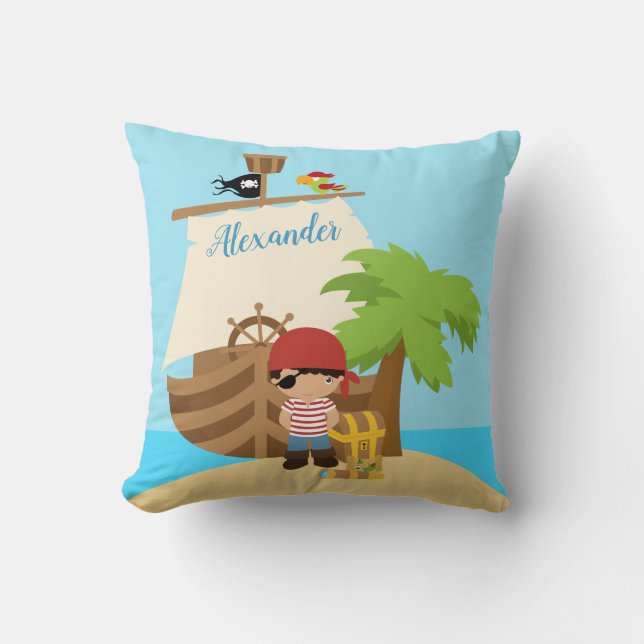 Cute Pirate Boy & A Big Ship Custom Name Cushion (Front)