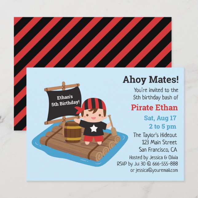 Cute Pirate Boy Boat Raft Kids Birthday Party Invitation (Front/Back)