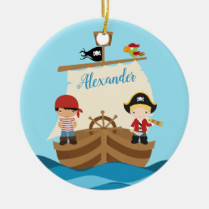 Cute Pirate Boys & A Big Ship Custom Name Ceramic Ornament