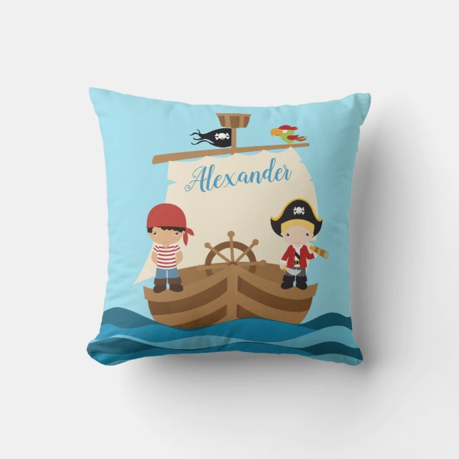 Cute Pirate Boys & A Big Ship Custom Name Cushion (Front)