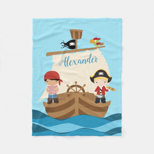 Cute Pirate Boys & A Big Ship Custom Name Fleece Blanket (Front)