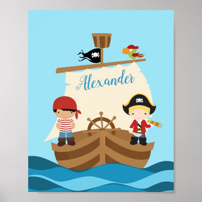 Cute Pirate Boys & A Big Ship Custom Name Poster (Front)