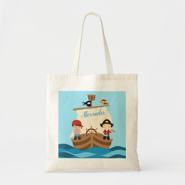 Cute Pirate Boys & A Big Ship Custom Name Tote Bag (Front)