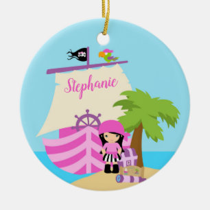 Cute Pirate Brunette Girl & A Big Ship Custom Name Ceramic Ornament
