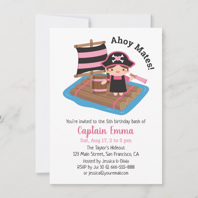 Cute Pirate Captain Girl Raft Kid Birthday Party Invitation (Front)