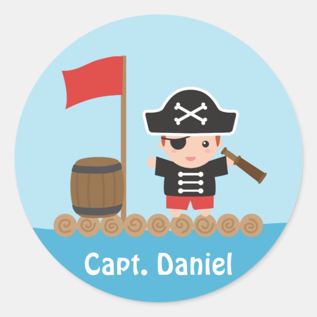 Cute Pirate Captain Ocean Raft Boy Classic Round Sticker (Front)