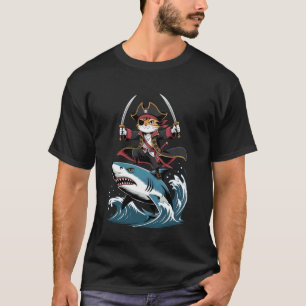 Cute Pirate Cat Riding a Shark Funny Halloween Cos T-Shirt