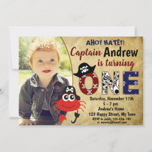 Cute Pirate crab birthday invitations