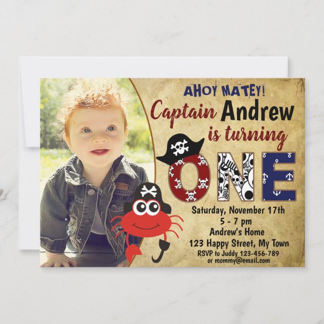 Cute Pirate crab birthday invitations (Front)