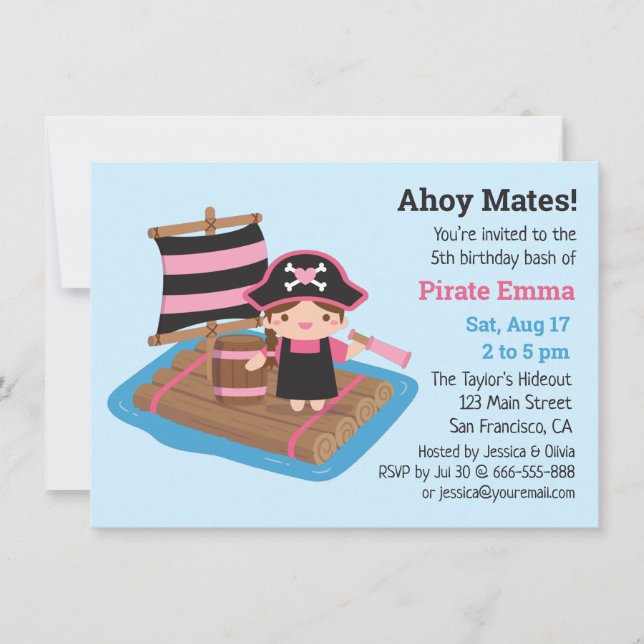 Cute Pirate Girl Boat Raft Kids Birthday Party Invitation (Front)