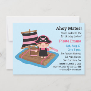 Cute Pirate Girl Boat Raft Kids Birthday Party Invitation