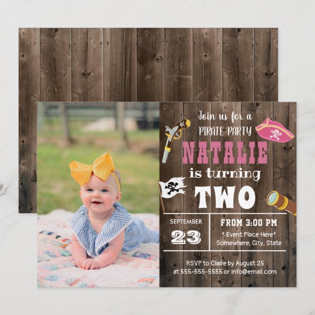 Cute Pirate Girl Custom Photo 2nd Birthday  Invitation (Front/Back)