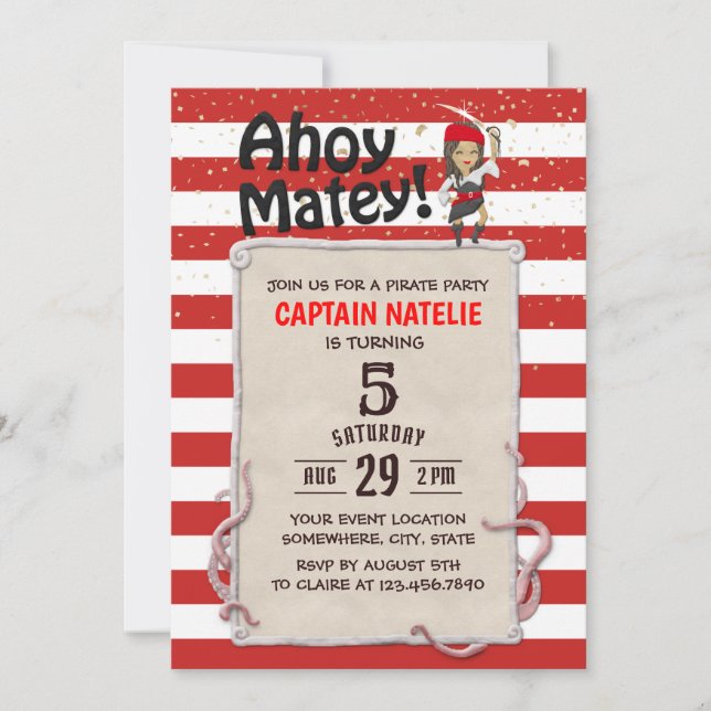 Cute Pirate Girl Red Stripes Birthday Party Invitation (Front)