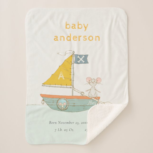 Cute Pirate Mouse Sailboat Kids Monogram Baby Stat Sherpa Blanket (Front)