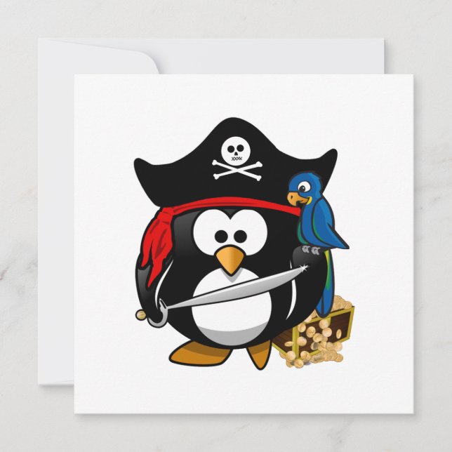 Cute Pirate Penguin with Treasure Chest Invitation (Front)