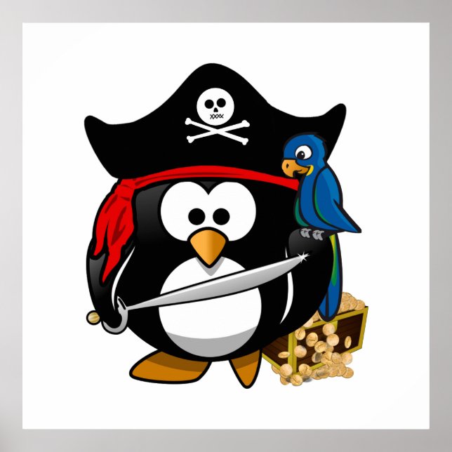 Cute Pirate Penguin with Treasure Chest Poster (Front)