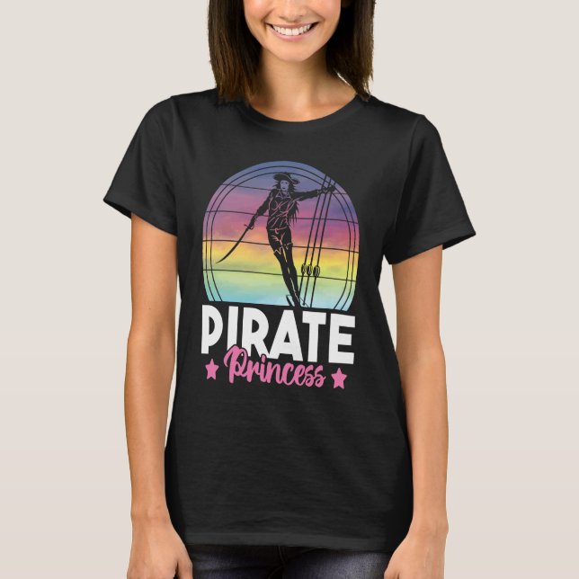 Cute Pirate Princess Girls Retro Sunset Ship Pirat T-Shirt (Front)