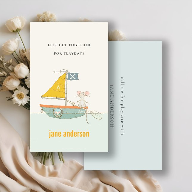 Cute Pirate Sailboat Monogram Kid Playdate Calling Business Card (Creator Uploaded)