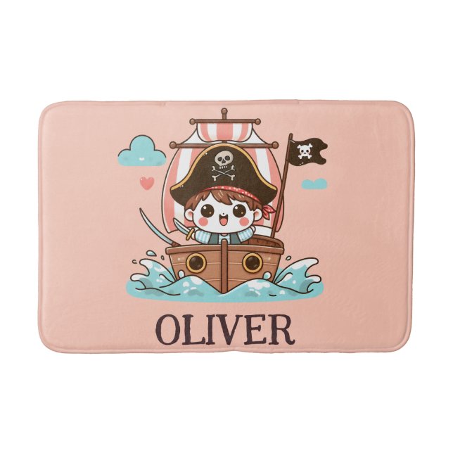 Cute Pirate Sailor Kid and Pirate Ship Bath Mat (Front)