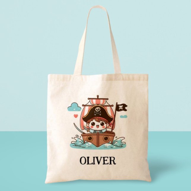 Cute Pirate Sailor Kid and Pirate Ship Tote Bag (Creator Uploaded)