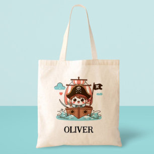 Cute Pirate Sailor Kid and Pirate Ship Tote Bag