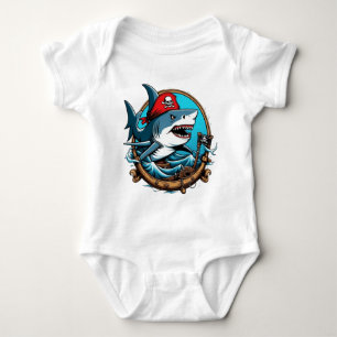 Cute pirate shark on a boat baby bodysuit