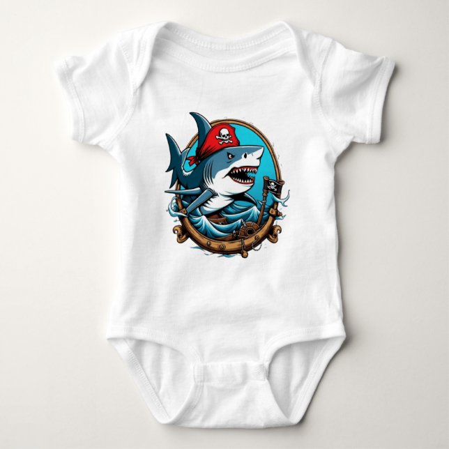 Cute pirate shark on a boat  baby bodysuit (Front)
