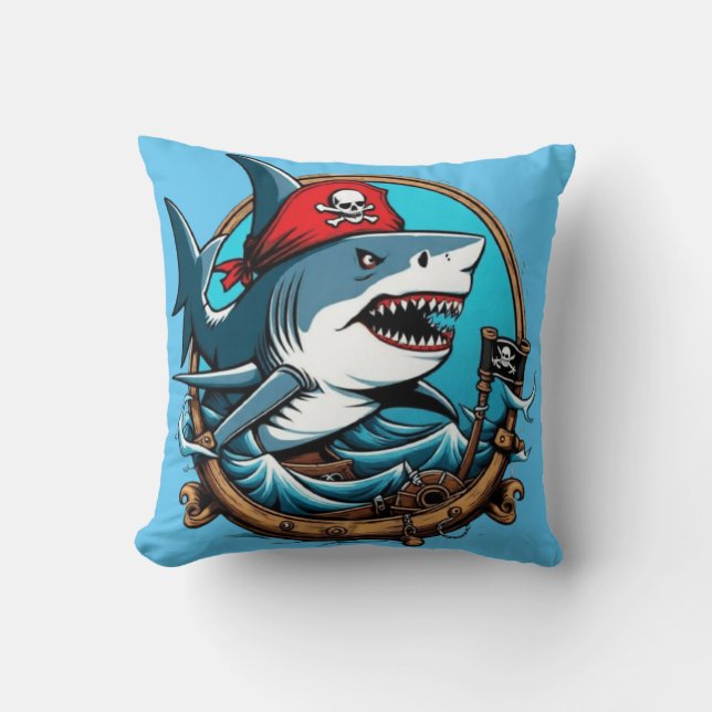 Cute pirate shark on a boat  cushion (Front)