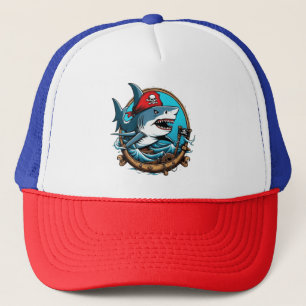 Cute pirate shark on a boat trucker hat