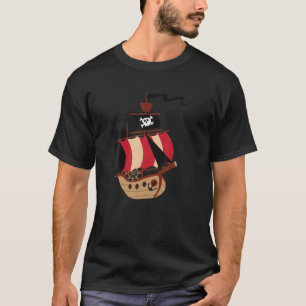 Cute Pirate Ship Cartoon Sailing Boat Skull Captai T-Shirt