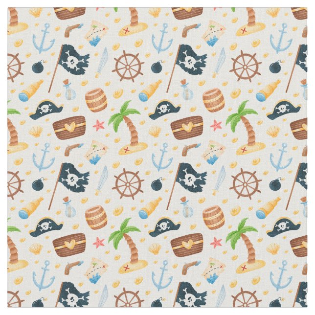 Cute Pirate Themed Nautical Pattern  Fabric (Close Up)
