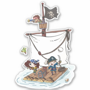 Cute Pirates Sailing On Raft   Cartoon