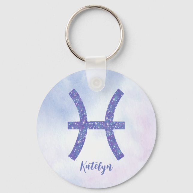 Cute Pisces Astrology Sign Personalized Purple Key Ring (Front)