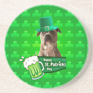 Cute Pit Bull Dog Hat St. Patrick's Day w Clovers Coaster