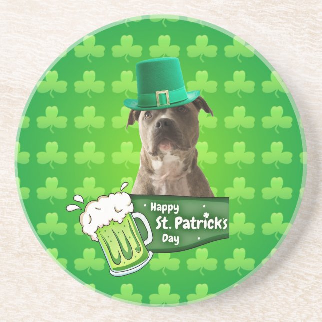 Cute Pit Bull Dog Hat St. Patrick's Day w Clovers Coaster (Front)