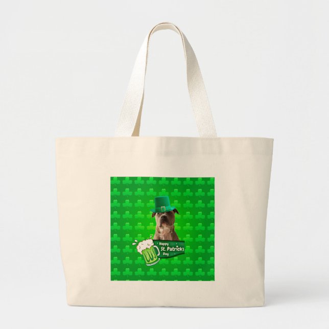 Cute Pit Bull Dog Hat St. Patrick's Day w Clovers Large Tote Bag (Front)