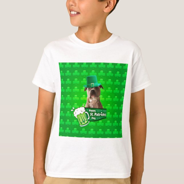 Cute Pit Bull Dog Hat St. Patrick's Day w Clovers T-Shirt (Front)