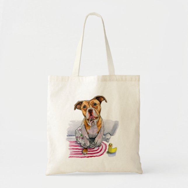 Cute Pit Bull Dog in Bathrobe Watercolor Painting Tote Bag (Front)