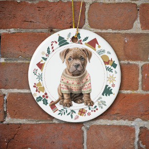 Cute Pit Bull Terrier in Winter Sweater Christmas Ceramic Ornament