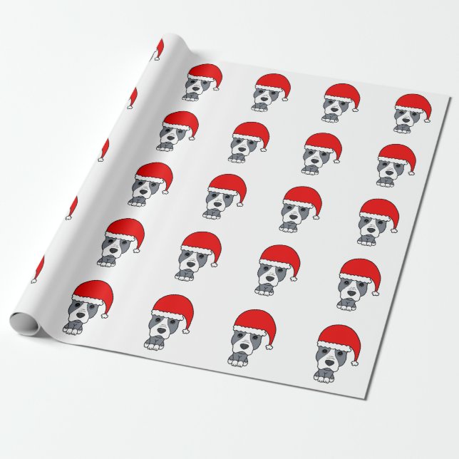 Cute Pit Bull Wearing Santa Hat Wrapping Paper (Unrolled)