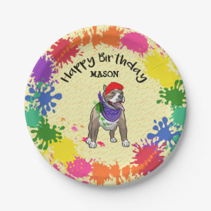 Cute Pitbull Dog Fun Paint Splash Art Party Paper Plate