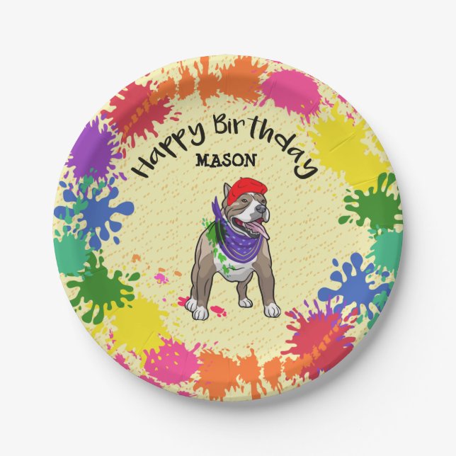 Cute Pitbull Dog Fun Paint Splash Art Party    Paper Plate (Front)