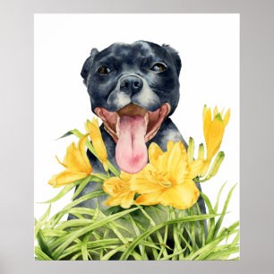 Cute Pitbull Dog in Yellow Flower Garden Poster